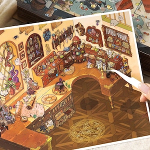 May include: A detailed illustration of a whimsical shop interior, filled with shelves of potions, magical items, and cartoonish creatures. The scene is rendered in warm, inviting colours, with a focus on fantasy and enchantment.