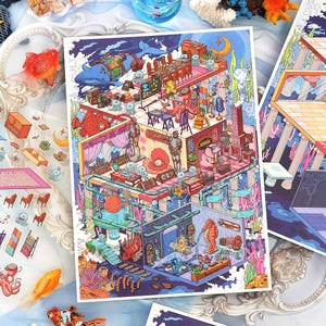 May include: A detailed, colourful illustration depicting a multi-level underwater scene. The artwork showcases various sea creatures, architectural features, and a vibrant colour scheme, creating a fantasy world. The image is a print.