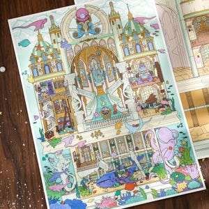 May include: An intricate illustration of a fantastical underwater castle, populated by marine life such as fish, whales, and an octopus. The castle is multi-tiered, with turrets and arches, in shades of blue, green, and purple.