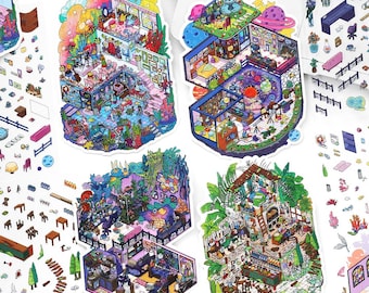 4 Pieces Mystic Domains Room Series, 3D Isometric Sticker Scenes, DIY Craft