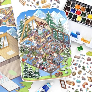 Pode incluir: Ilustração de um interior de cabana aconchegante, cheio de móveis, plantas e vários objetos. A cabana é cercada por árvores e montanhas, com um pequeno lago na frente. Uma paleta de aquarela e materiais de arte são visíveis.