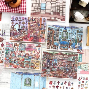 Puede incluir: Una colección de ilustraciones coloridas y detalladas que representan varias escenas de interiores. Las imágenes muestran habitaciones llenas de muebles, decoración y objetos, incluyendo una cocina, una tienda y una sala de estar. El estilo recuerda a un dibujo detallado y caprichoso.