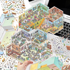 Puede incluir: Una colección de pegatinas coloridas de estilo isométrico que representan escenas interiores detalladas, incluyendo tiendas y oficinas. Las pegatinas muestran varias habitaciones con muebles, objetos y personas. Pegatinas de muebles pequeños adicionales están dispersas.