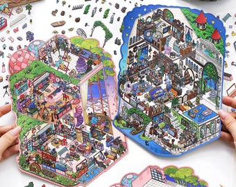Big Size Chromatic Reverie Series, 3D Isometric Sticker Scenes, DIY Craft