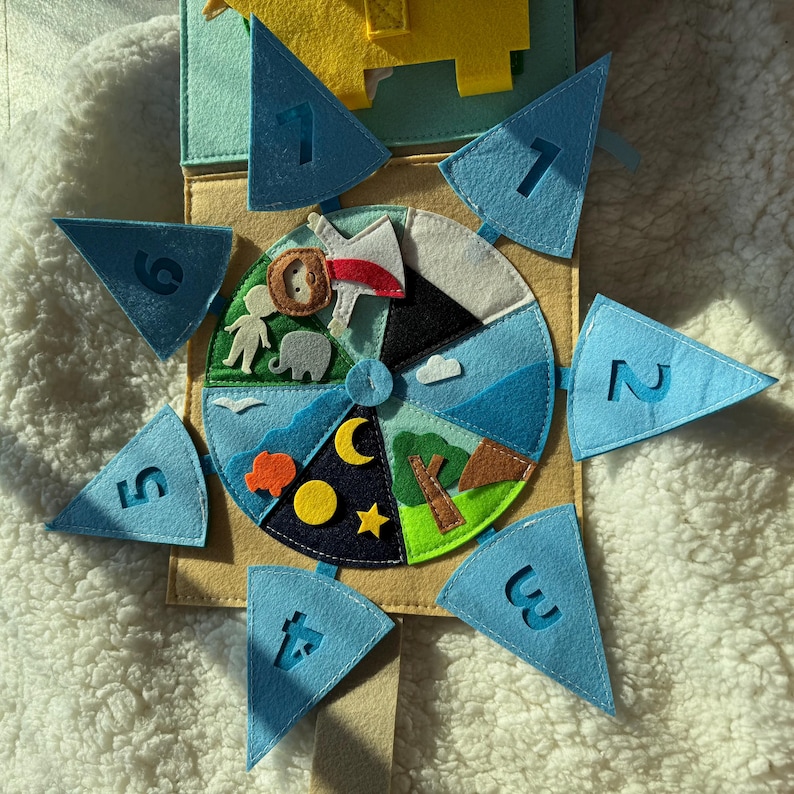 May include: A felt educational toy featuring a circular design with various scenes and blue triangular pieces numbered 1-6. The center depicts day and night scenes with animals. The toy is made of various colors of felt.