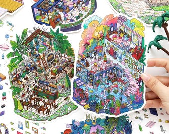 4 Pieces Mystic Domains Room Series, 3D Isometric Sticker Scenes, DIY Craft