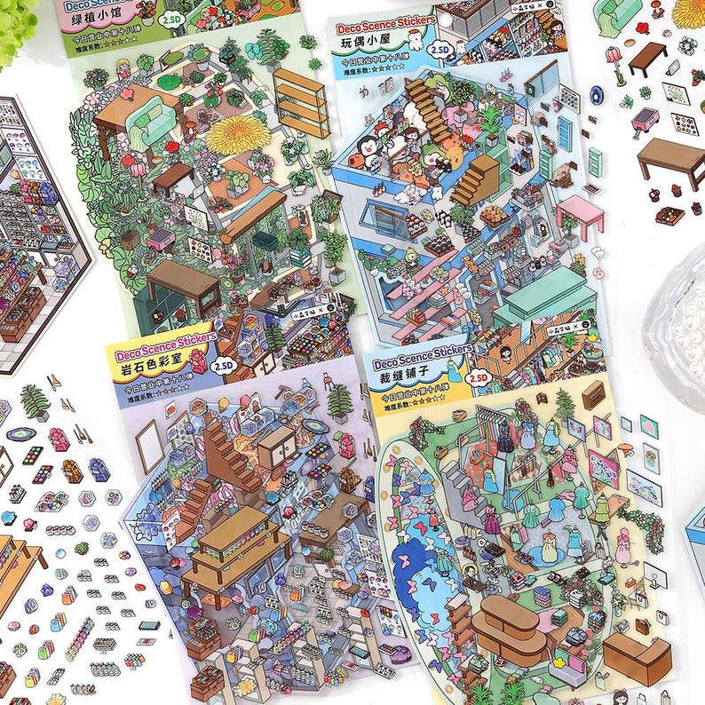 Cozy Little Shops 3D Scene Stickers, 3D Isometric Sticker Scenes, DIY ...