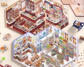 Big Size Japanese Daily Shop Series,DIY Craft, Stress Relief，Isometric Sticker Scenes