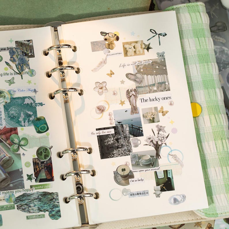 May include: Open planner with decorative stickers, including floral, angel, and butterfly designs. The text "The lucky ones" and "Life is not all roses" are visible. The planner has silver rings and a green and white checkered cover.