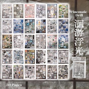 May include: A collection of 30 pages of decorative stickers with various designs, including images, stars, and butterflies. The stickers are in a variety of colors, including blue, pink, and gray. The text "Cinematic Drift" and text in a foreign language are visible.
