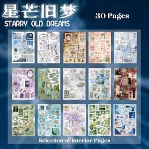 May include: A collection of 30 pages of decorative interior pages with a variety of designs. The pages feature illustrations of butterflies, flowers, vintage objects, and celestial elements. The text "Starry Old Dreams" and "Selection of Interior Pages" is visible.