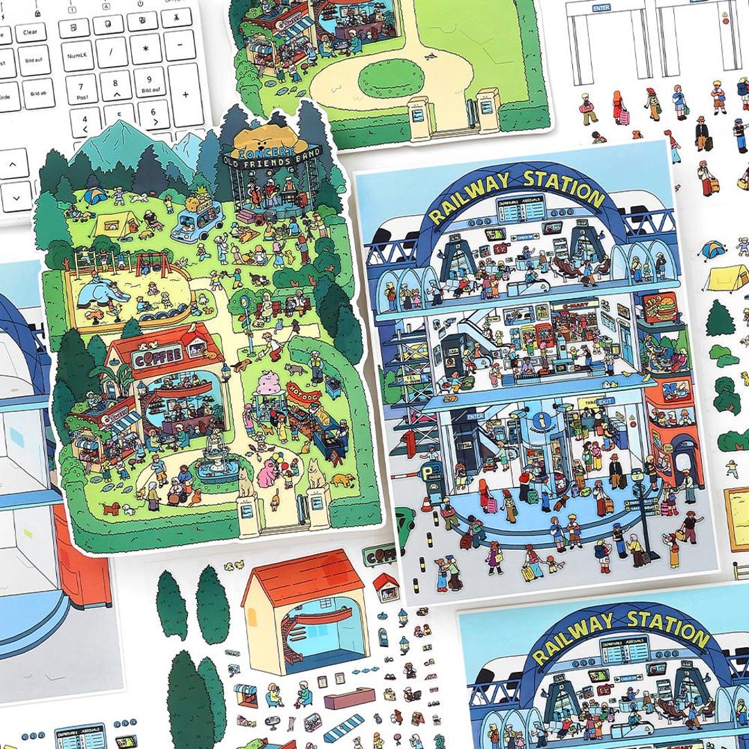 Pets Sticker Scenes Railway Station and Pets Park Scene Stickers: DIY Craft, Isometric ...