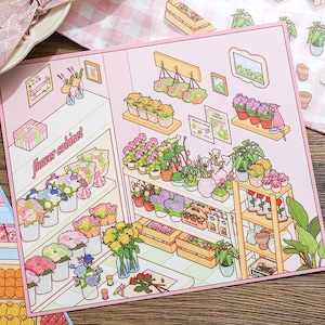 Peut inclure: Une illustration rose et blanche d'une boutique de fleurs, avec les mots "flower cabinet". L'image présente des étagères de plantes en pot, de bouquets et de paniers suspendus, avec une enseigne indiquant "flower shop".