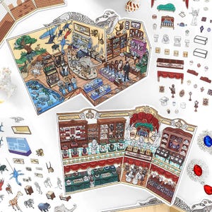 Pode incluir: Kits de artesanato em papel com ilustrações detalhadas de exposições de museus e expositores de joias. Os kits incluem várias peças recortadas de animais, joias e artefatos de museu. O esquema de cores é uma mistura de bege, castanho e várias cores.
