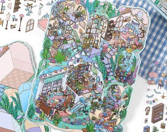 Woodland cottage & ocean residents,DIY Craft, Stress Relief (2 Pieces)，Isometric Sticker Scenes