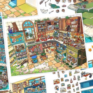 Série Mercado e Bistrô dos Bichinhos, adesivos de cena 3D, artesanato faça você mesmo, cenas adesivas isométricas