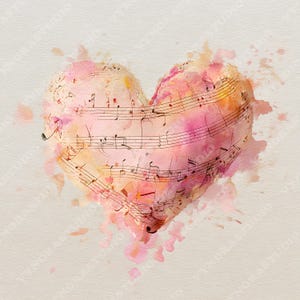 Könnte beinhalten: Aquarellmalerei eines herzförmigen Gebildes aus Noten. Das Herz ist in Rosa-, Pfirsich- und Gelbtönen gehalten, mit Farbspritzern an den Rändern. Die Noten sind schwarz und detailliert.
