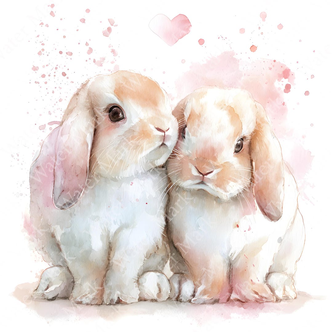 Custom Romantic Watercolor Bunny Art, Cute Rabbit Couple Illustration ...