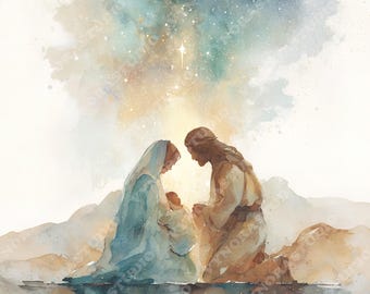 20 Clip Art della Natività della Sacra Famiglia, Maria Giuseppe e Gesù Bambino Acquerello Dipinto PNG, Arte Cristiana Natalizia, Download della Scena della Natività