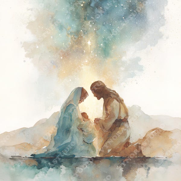 20 Heilige Familie Krippe Clip Art, Mary Joseph und Jesuskind Aquarell Malerei PNG, Weihnachten Christliche Kunst, Krippe Download