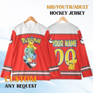 May include: Red hockey jersey with white shoulders and sleeves, featuring a Pokémon design. The front displays Pikachu, Bulbasaur, and Squirtle. The back has space for a name and number. Text on the jersey reads "KID/YOUTH/ADULT HOCKEY JERSEY" and "CUSTOM ANY REQUEST".