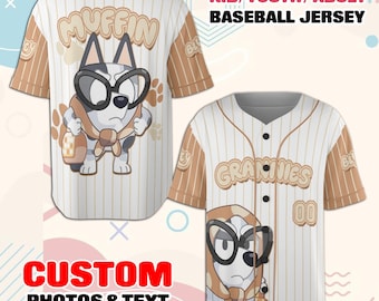 Custom Muffin Baseball Jersey, Cute Cartoon Puppy Shirt, Personalized Kid Youth Adult Button Jersey, Custom Name Gift