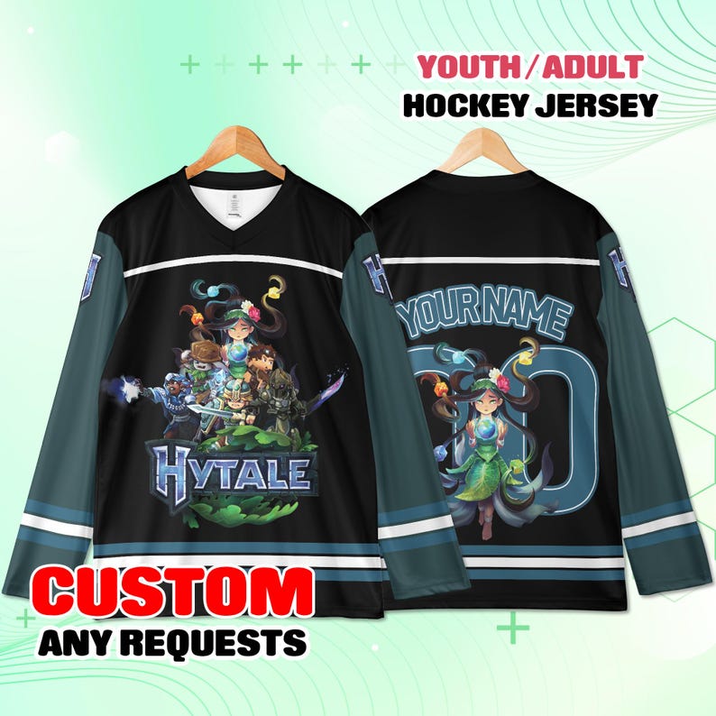 May include: Black hockey jersey with teal sleeves and white stripes. The front features a graphic of characters and the word "HYTALE". The back has a character graphic and space for a name and number. Text reads "YOUTH/ADULT HOCKEY JERSEY" and "CUSTOM ANY REQUESTS".