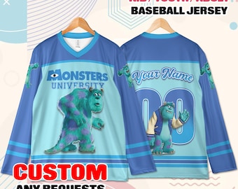 Camiseta de hockey personalizada de Monsters University con nombre y número: regalo para jóvenes y adultos.