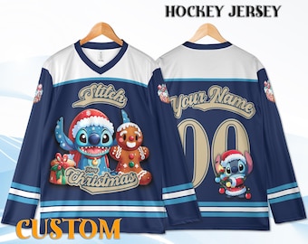 Maillot de hockey de Noël Stitch pour jeunes adultes uniquement, nom personnalisé, chemise cadeau des fêtes