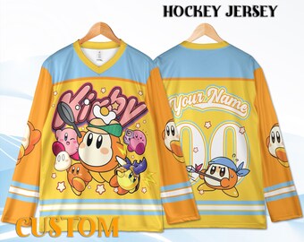 Chandail de hockey Kirby personnalisé pour enfant et adulte, numéro de nom personnalisé, cadeau d'anniversaire de jeu mignon