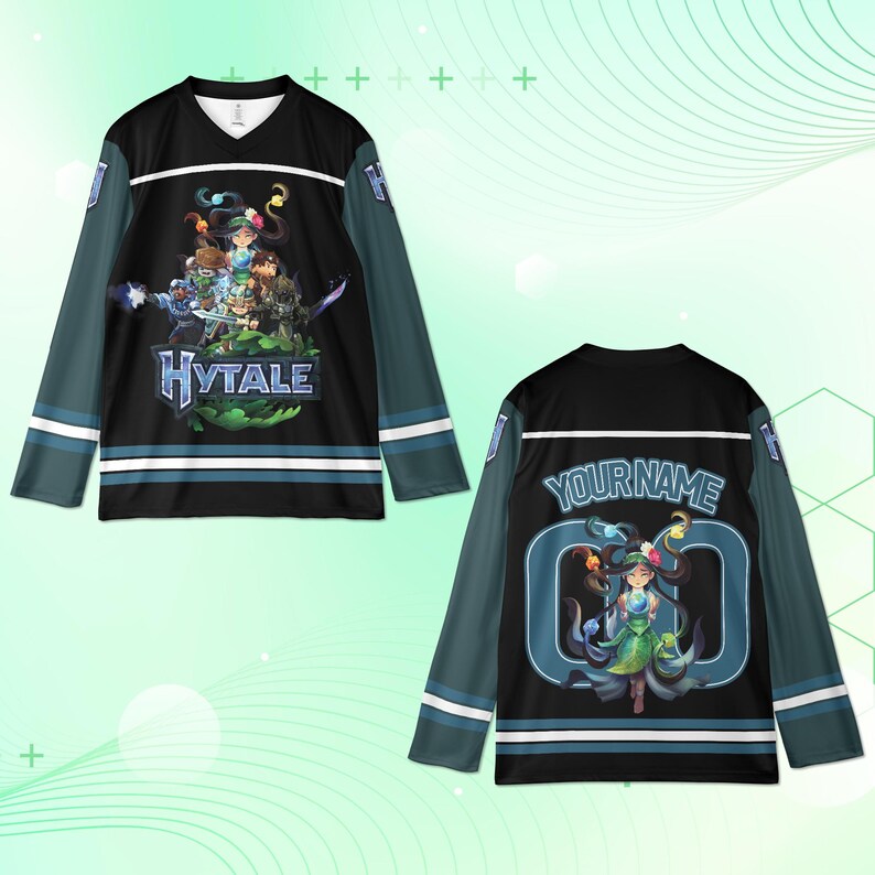 May include: Black and teal long-sleeve jersey with a V-neck. The front features a colorful graphic with the word "HYTALE" in white. The back has a character graphic and the text "YOURNAME" in white.