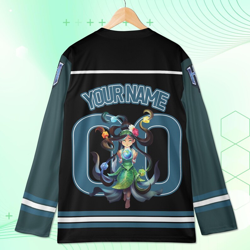 May include: Black long-sleeved jersey with teal and white accents. The jersey features the text "YOUR NAME" above a teal number "0" with a cartoon illustration of a girl holding a glowing orb. The sleeves are teal with white stripes.