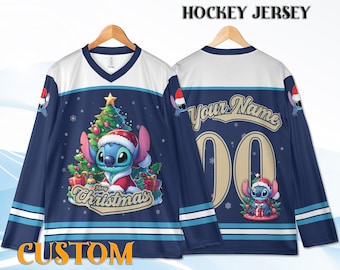 Custom Christmas Hockey Jersey Youth Adult Only, Personalized Name Number, Stitch Holiday Hockey Shirt