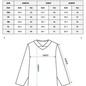 May include: Image features a white youth hockey jersey with a V-neck design. A size chart displays measurements in inches and centimeters for length, chest, and sleeve. The text "ALL-OVER PRINT YOUTH HOCKEY JERSEY" is at the top.