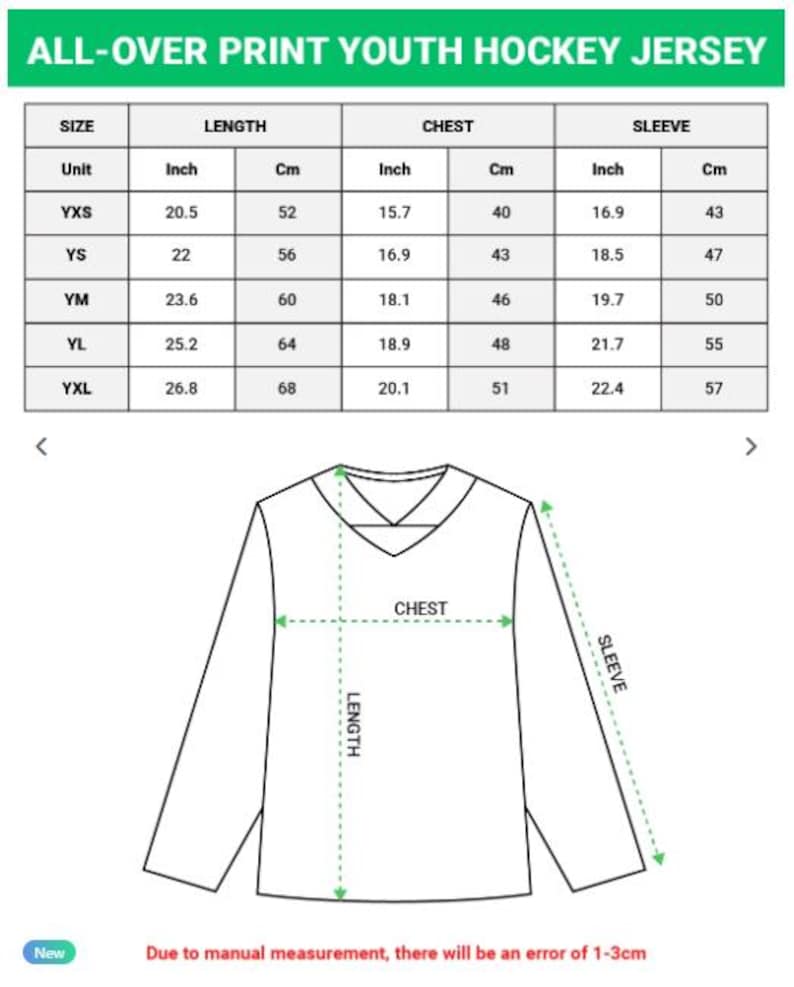 May include: Image features a white youth hockey jersey with a V-neck design. A size chart displays measurements in inches and centimeters for length, chest, and sleeve. The text "ALL-OVER PRINT YOUTH HOCKEY JERSEY" is at the top.