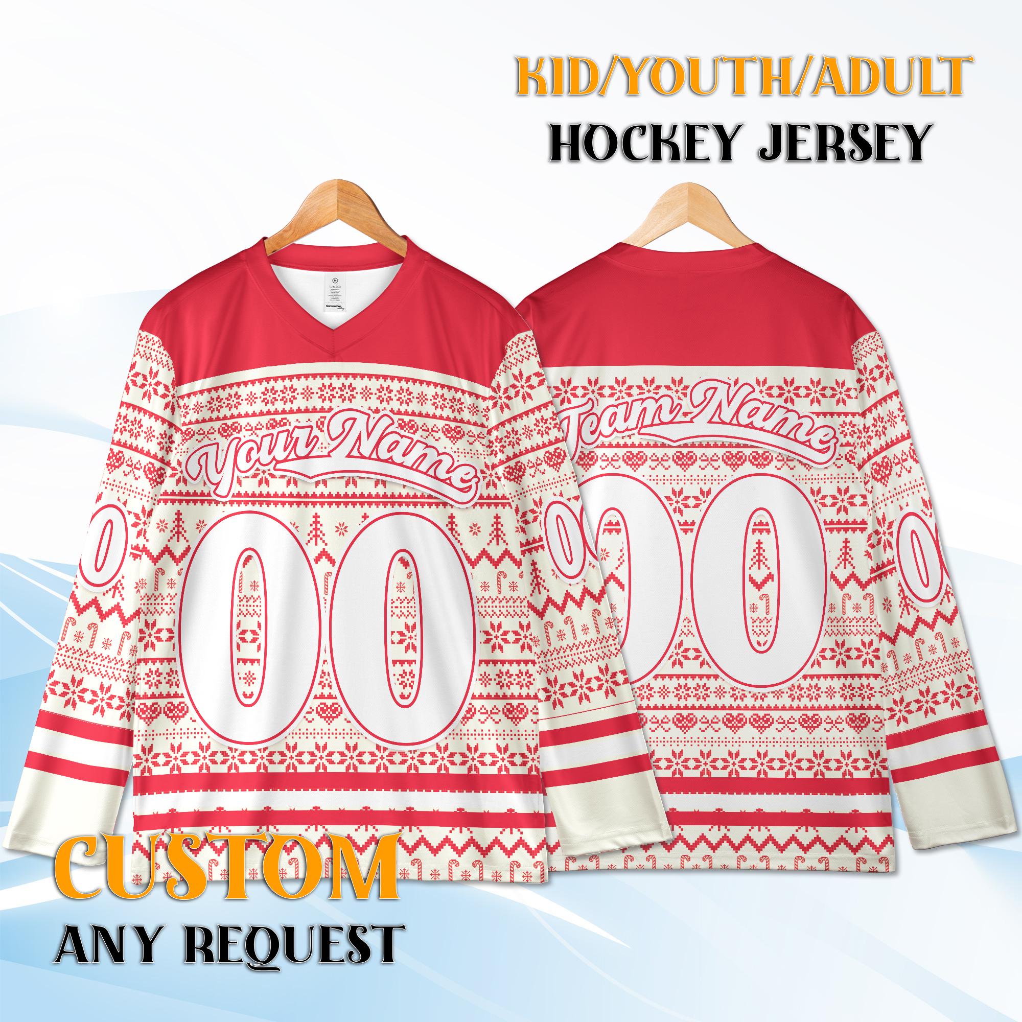 Discover Personalized Winter Hockey Jersey, Snowflake Reindeer Christmas Team Uniform