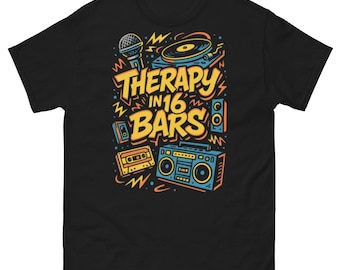 Camiseta clásica de rap urbano con estampado de graffiti y la frase "Terapia en 16 compases"