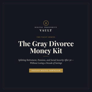 May include: A dark navy digital product cover titled The Gray Divorce Money Kit from The Vault Series. It features a gold keyhole icon, white text detailing the guide for splitting retirement, pensions, and social security after 50, and a gold button.