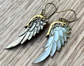 WINGS Carved Silver Mother of Pearl Earrings with Brass Hook Small Delicate Elegant Grey Angel Wings CP-S3-Dark