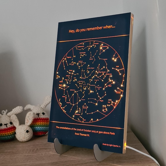 An LED-backlit custom star map engraved on wood showing the exact night sky of any meaningful date — genuinely striking wall art with a personal story built in.