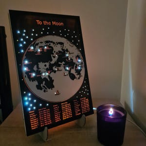 LED Full Moon Wall Art, Illuminated Landings Map, Apollo Missions, Engraved Wood