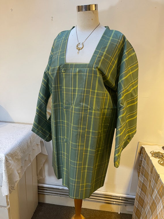 Pale green check Haori overcoat with popper faste… - image 4