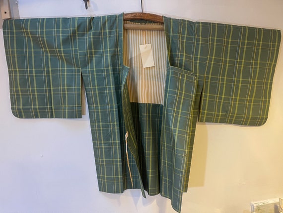 Pale green check Haori overcoat with popper faste… - image 2