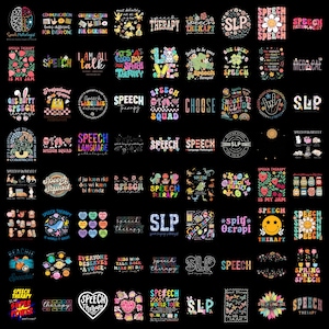 Peut inclure: Une collection de quatre-vingt-un designs graphiques colorés sur fond noir, présentant diverses illustrations et typographies liées à l'orthophonie, incluant des phrases comme Speech Squad, SLP et Speech Therapy is My Jam.