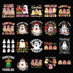 May include: A digital collection of twenty distinct graphic designs featuring cartoon ghosts, concha bread, and festive text elements like Aqui Espantan, Conchas and Cucuys, Espooky Vibes, Ghosting Pendejos, and Pan-tasmas in various colorful styles.