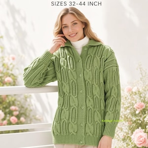May include: A light green cable-knit cardigan with a collar, long sleeves, and a button-down front. The text at the top reads DIGITAL ITEM KNITTING PATTERNS SIZES 32-44 INCH. The garment features a textured pattern and is worn over a white turtleneck.