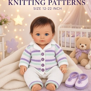 May include: A doll wearing a white, purple, and light green striped knit cardigan with four purple buttons and matching white knit trousers. The doll is accompanied by a pair of white and purple knit booties. Text reads: DIGITAL ITEM KNITTING PATTERNS SIZE 30-56 CM.