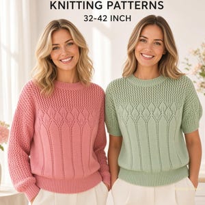 May include: Digital product knitting patterns for 32-42 inch sizes. Two sweaters are shown: one long-sleeved in dusty rose and one short-sleeved in sage green. Both feature a textured knit pattern on the upper chest and sleeves with vertical ribbing.