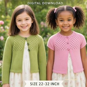 May include: Knitting patterns digital download for a cardigan with a textured yoke and three buttons. The image shows a green long-sleeve cardigan and a pink short-sleeve cardigan, both featuring a diamond-patterned yoke, size 56-81 cm.