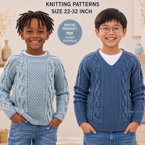 Puede incluir: Patrón de tejido digital para suéteres en tallas de 22-32 pulgadas. La imagen muestra dos suéteres de punto trenzado, uno azul claro con cuello redondo y uno azul oscuro con cuello en V. Texto: DIGITAL KNITTING PATTERN, SIZE 22-32 INCH, DIGITAL PRODUCT PDF Instant Download.